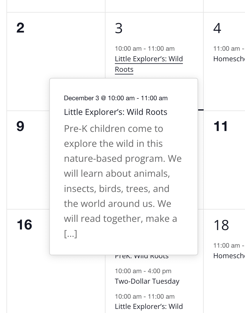 A screenshot of details on an events calendar.